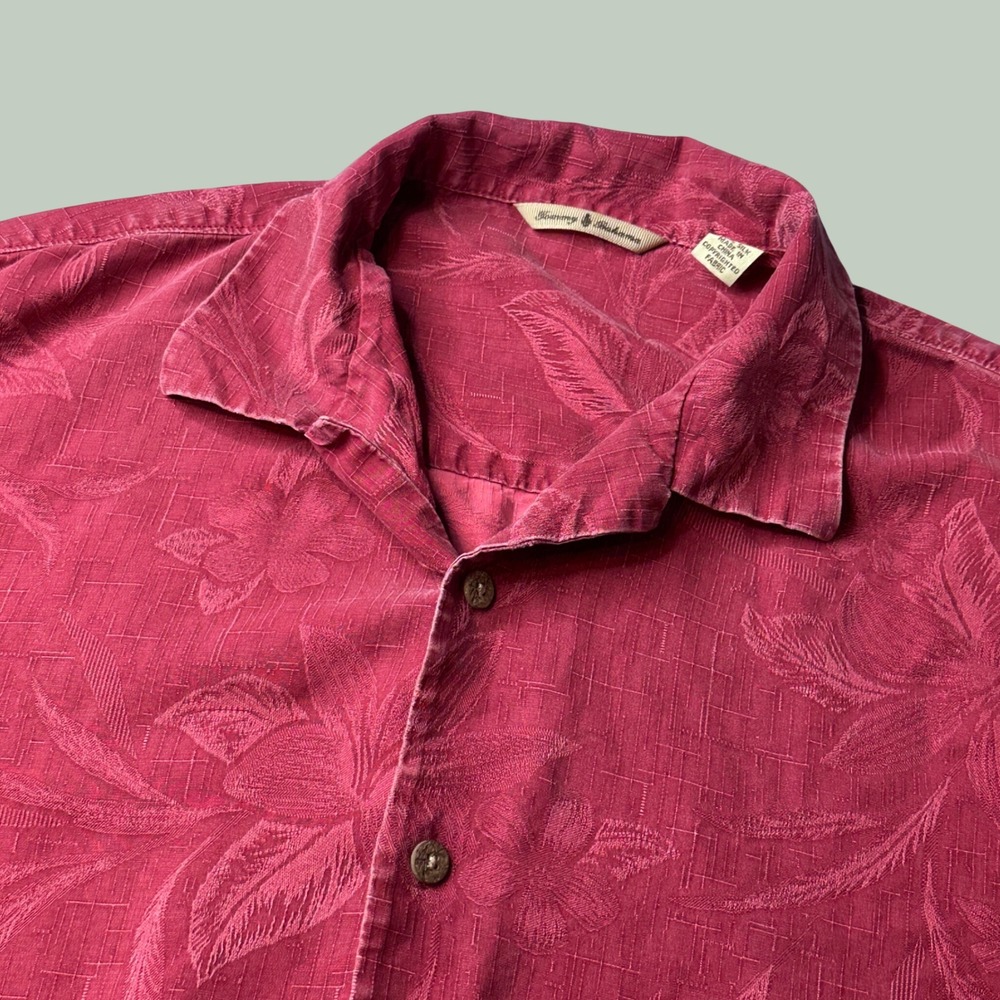 Tommy Bahama Shirt Mens L Silk Jacquard Floral Leaf Red Short Sleeve Button Down